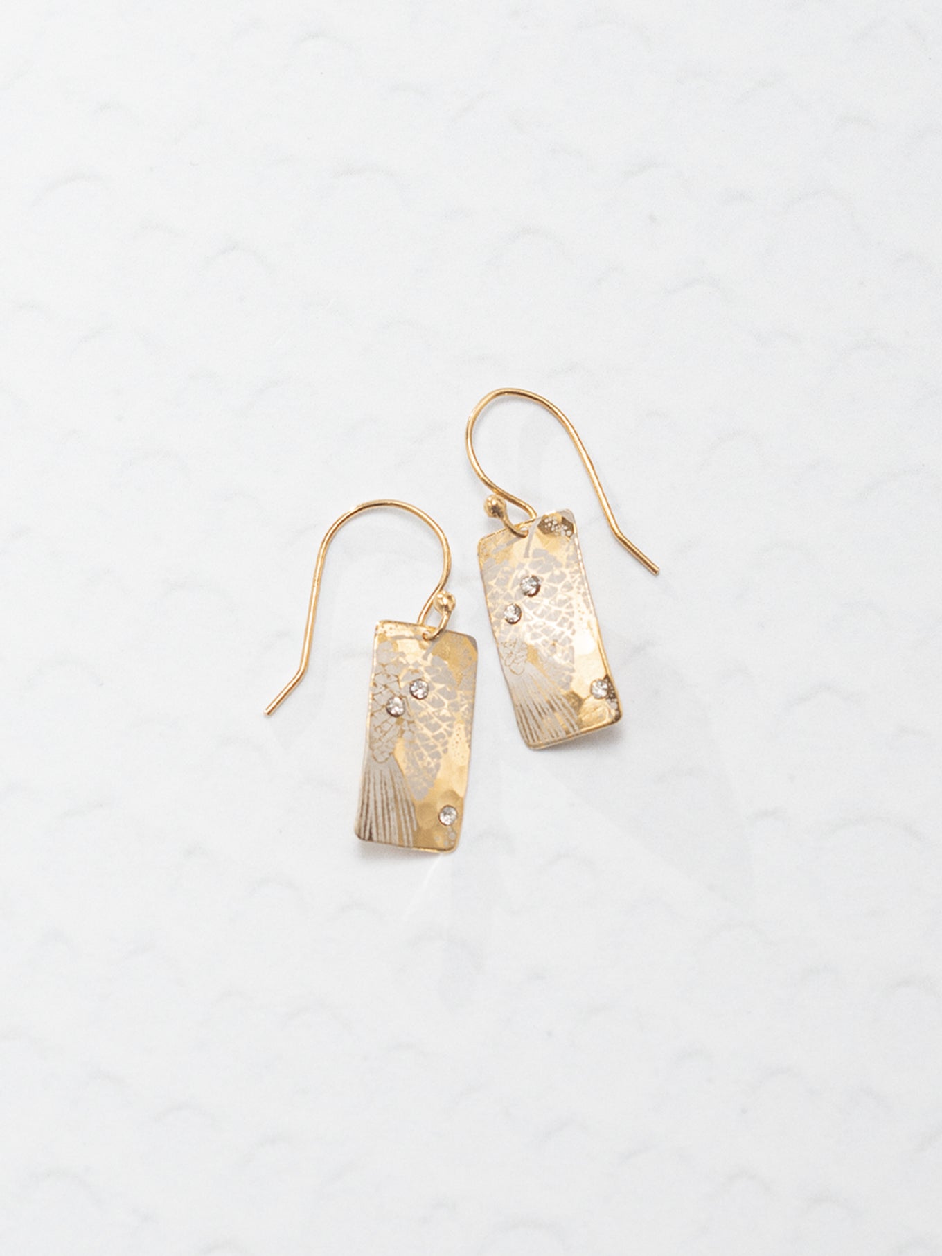 Pair of gold earrings on a light gray background