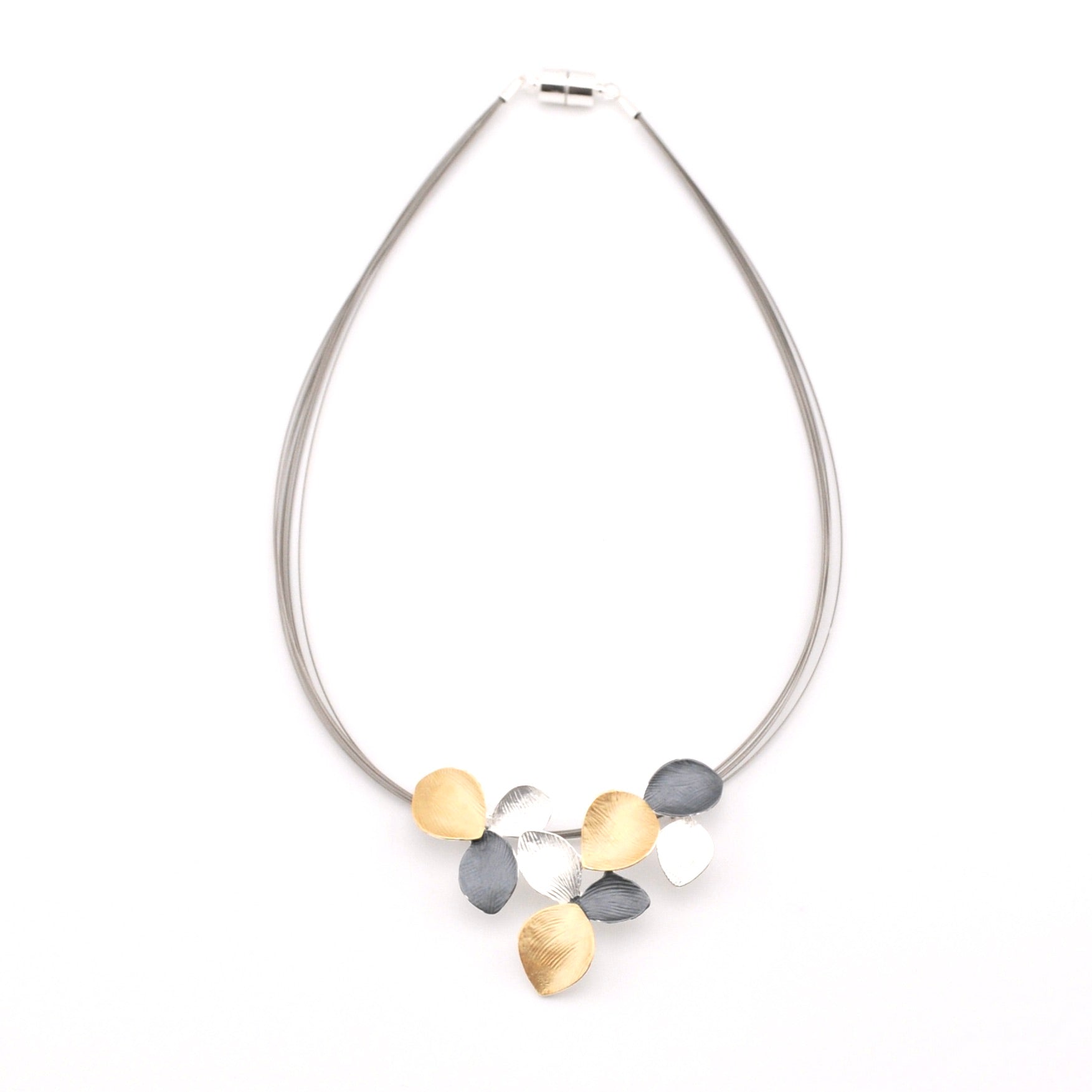 Necklace with gold and gray beads on a white background