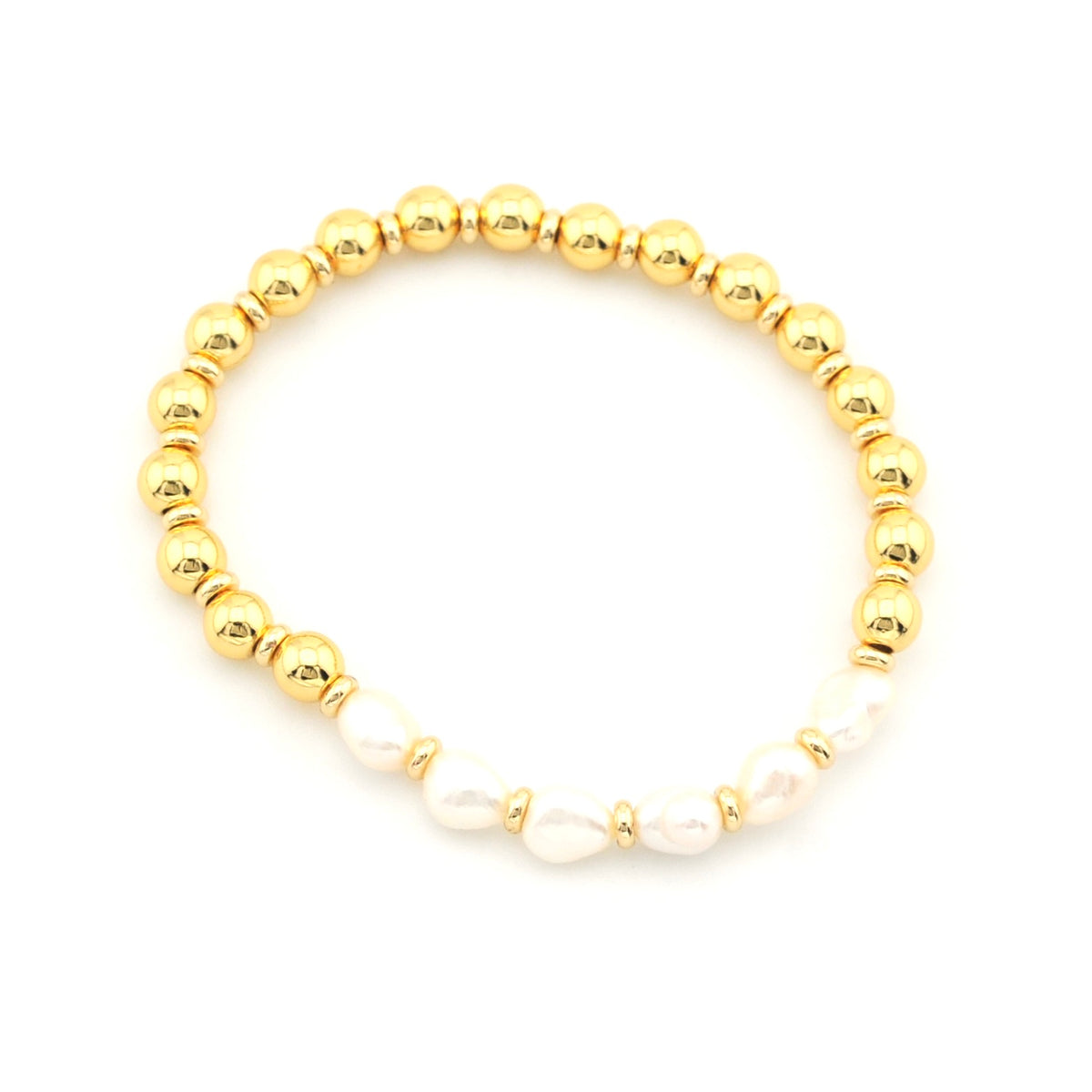A beaded stretch bracelet featuring shiny gold metallic round beads and a section of irregular white baroque pearls, displayed on a clean white background.
