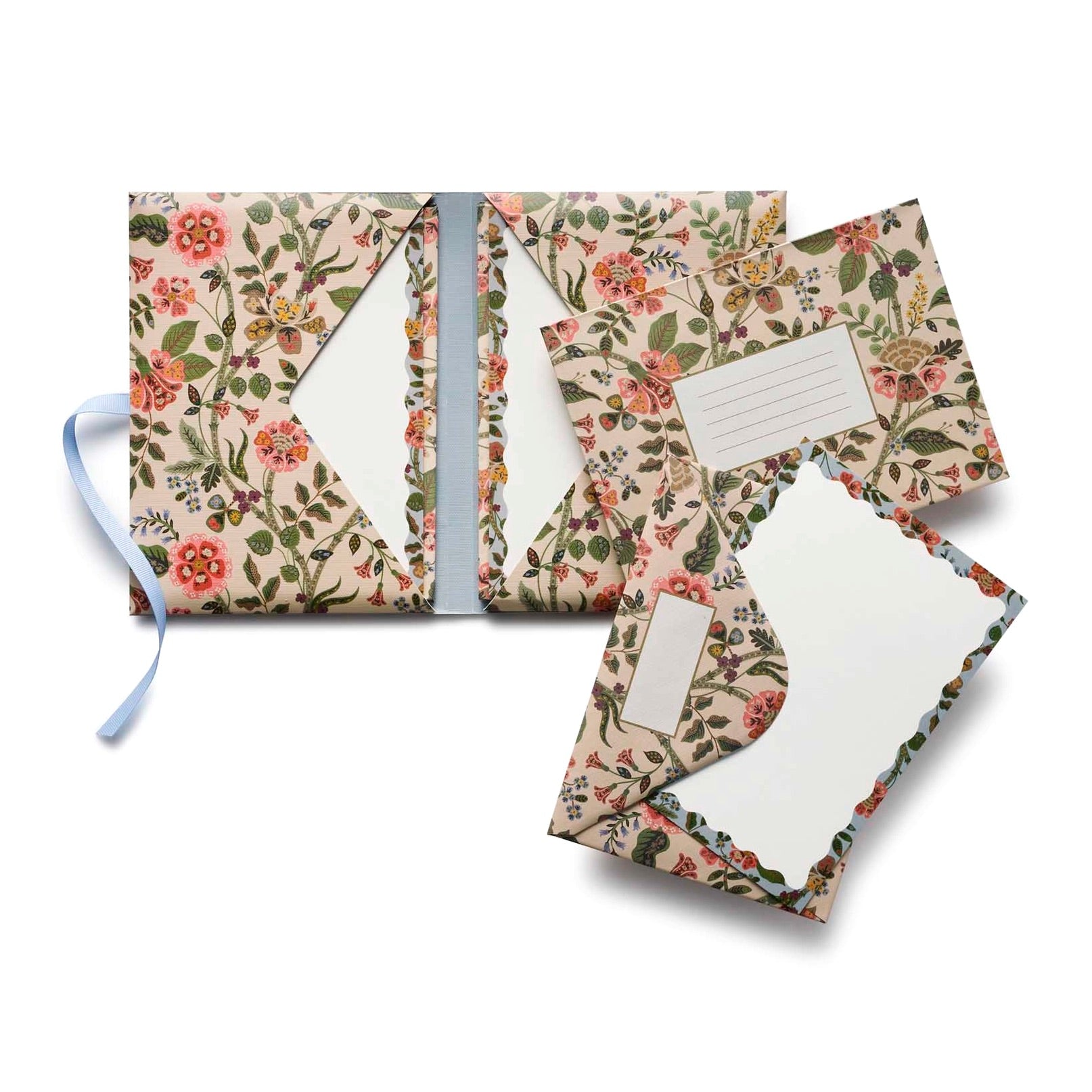Floral-patterned stationery set with envelopes and a card on a white background