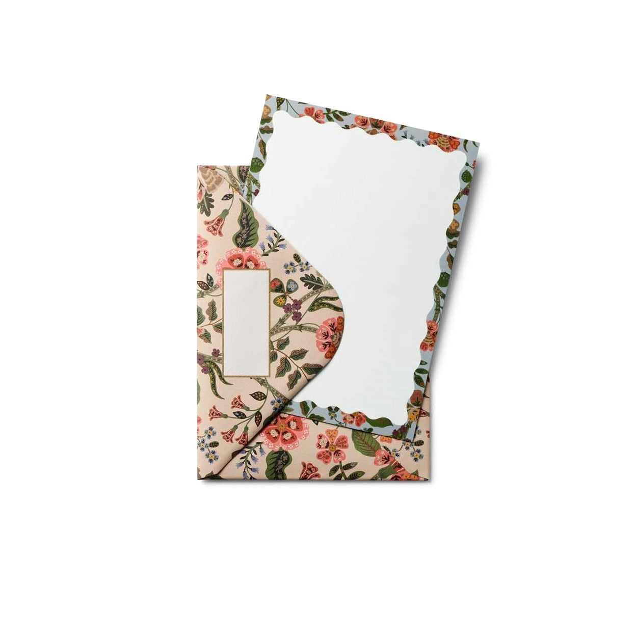 Floral-patterned card holder with a white card inside on a white background