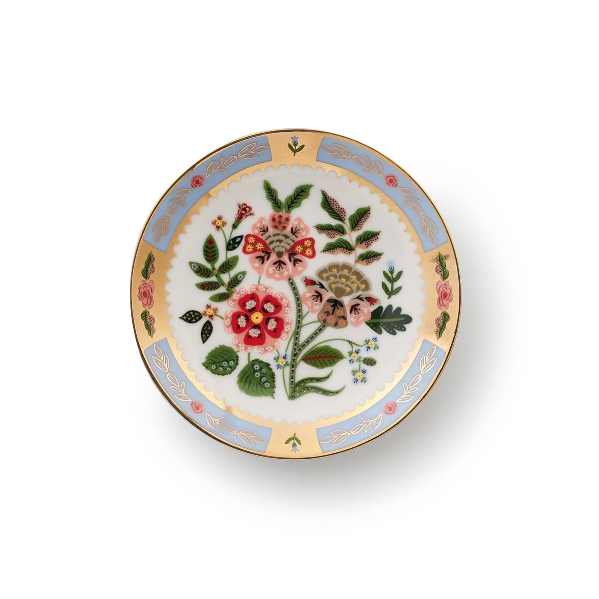 A round white porcelain plate featuring a hand-painted floral design with red, pink, and green flowers, accented by a gold rim and light blue decorative bands.