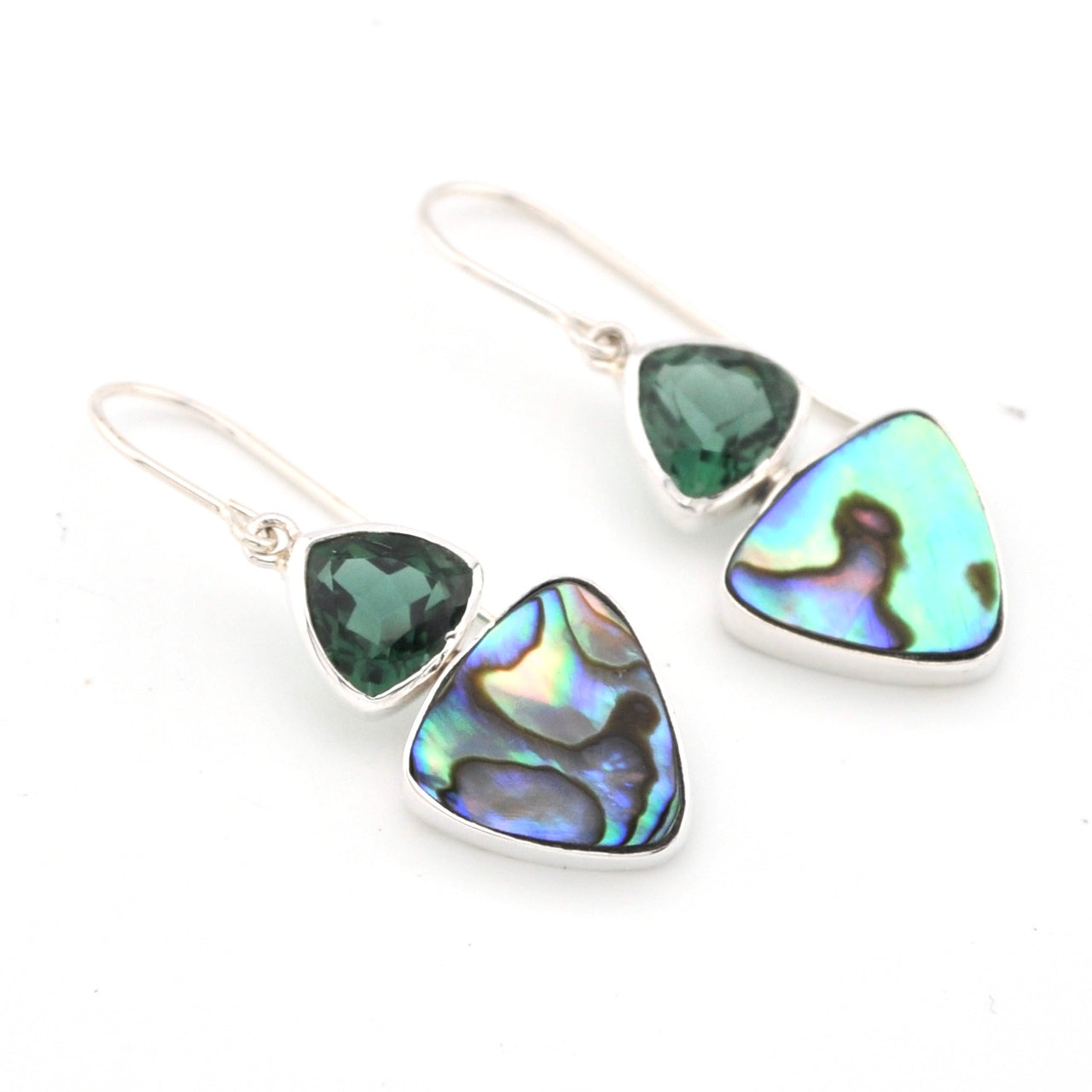 Green Quartz Abalone Trillion Earrings