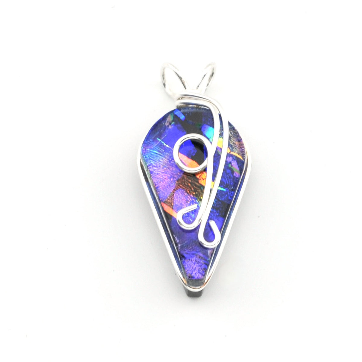 A teardrop-shaped pendant featuring a vibrant iridescent blue and purple dichroic glass, wrapped with a silver-tone metal bail and decorative wire loops, set against a plain white background.