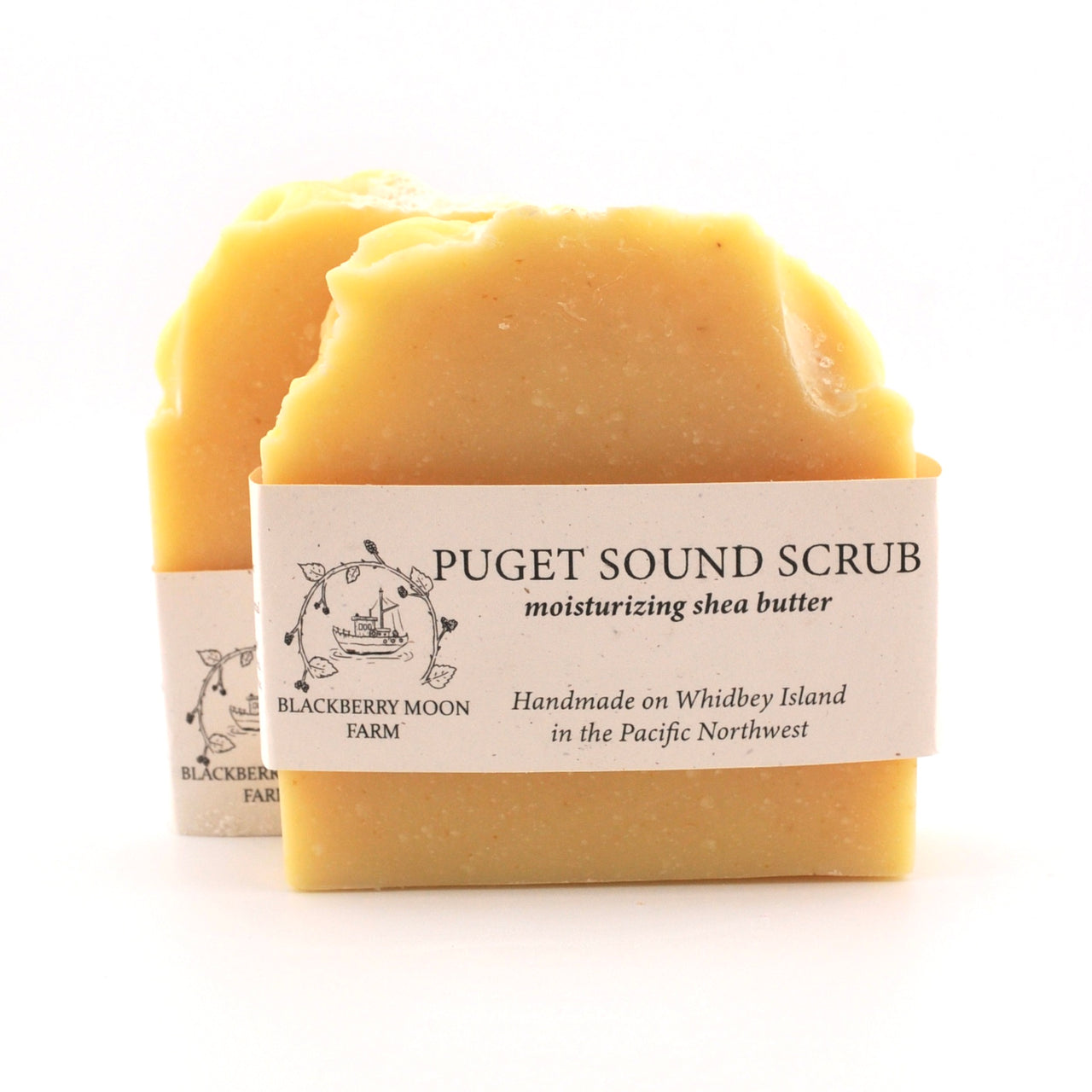 Puget Sound Scrub soap bar with a visible label on a white background