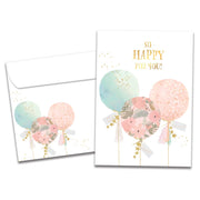 Greeting card with balloons and envelope on a white background