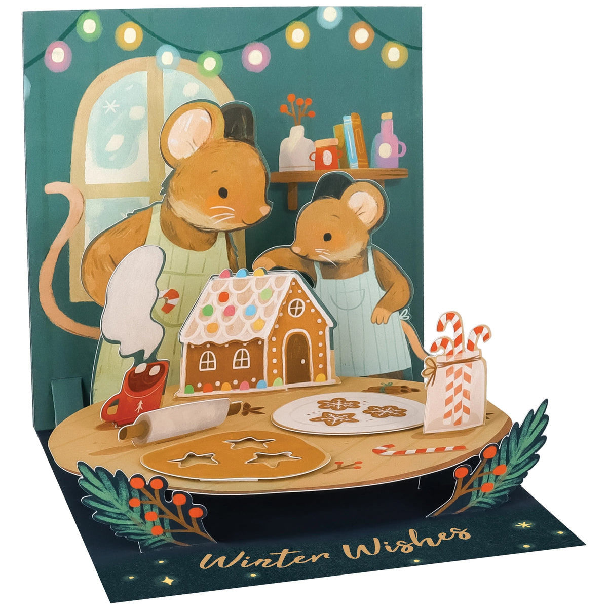 Pop-up card with mice making a gingerbread house, surrounded by festive decorations.