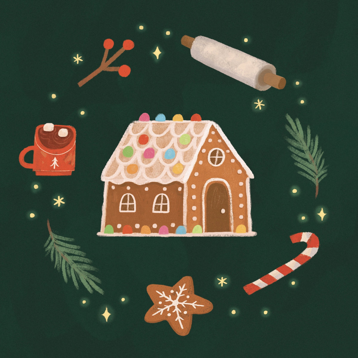 A festive Christmas illustration featuring a gingerbread house with colorful candy decorations, surrounded by holiday elements including a rolling pin, mug, candy cane, pine branches, and a star-shaped cookie on a dark green background.