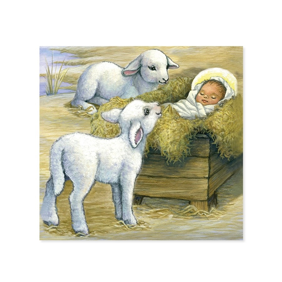 A square art print or card featuring a painted nativity scene with two white lambs and a sleeping baby wrapped in white cloth beside a wooden manger filled with hay, shown on a light gray background.