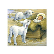 A square art print or card featuring a painted nativity scene with two white lambs and a sleeping baby wrapped in white cloth beside a wooden manger filled with hay, shown on a light gray background.