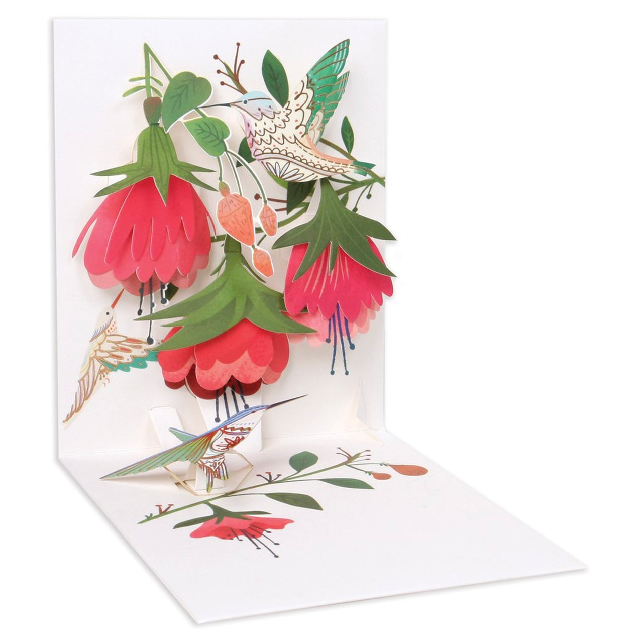 Pop-up card with red flowers and hummingbirds on a white background