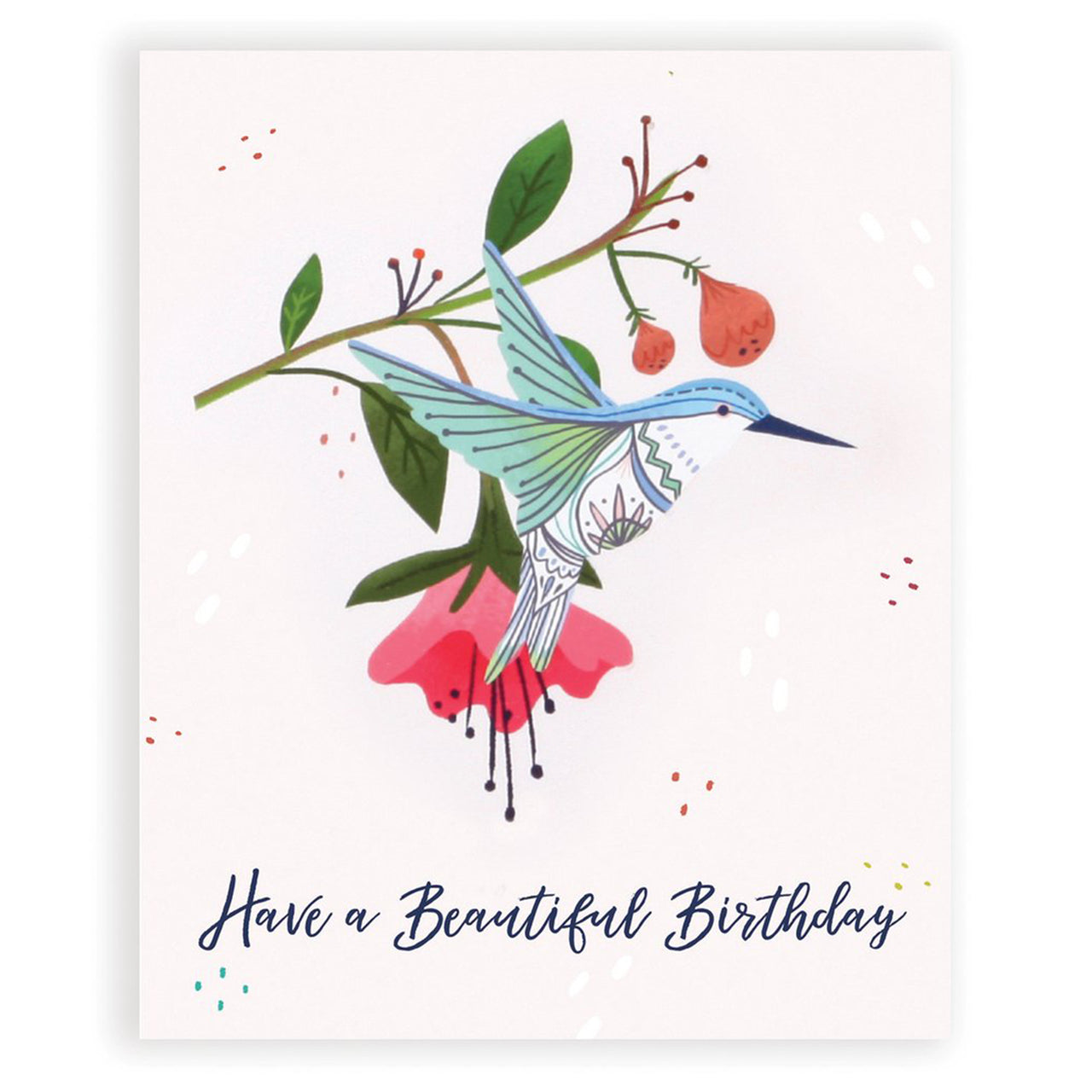 Greeting card with a colorful hummingbird illustration and 'Have a Beautiful Birthday' text.