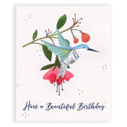 Greeting card with a colorful hummingbird illustration and 'Have a Beautiful Birthday' text.