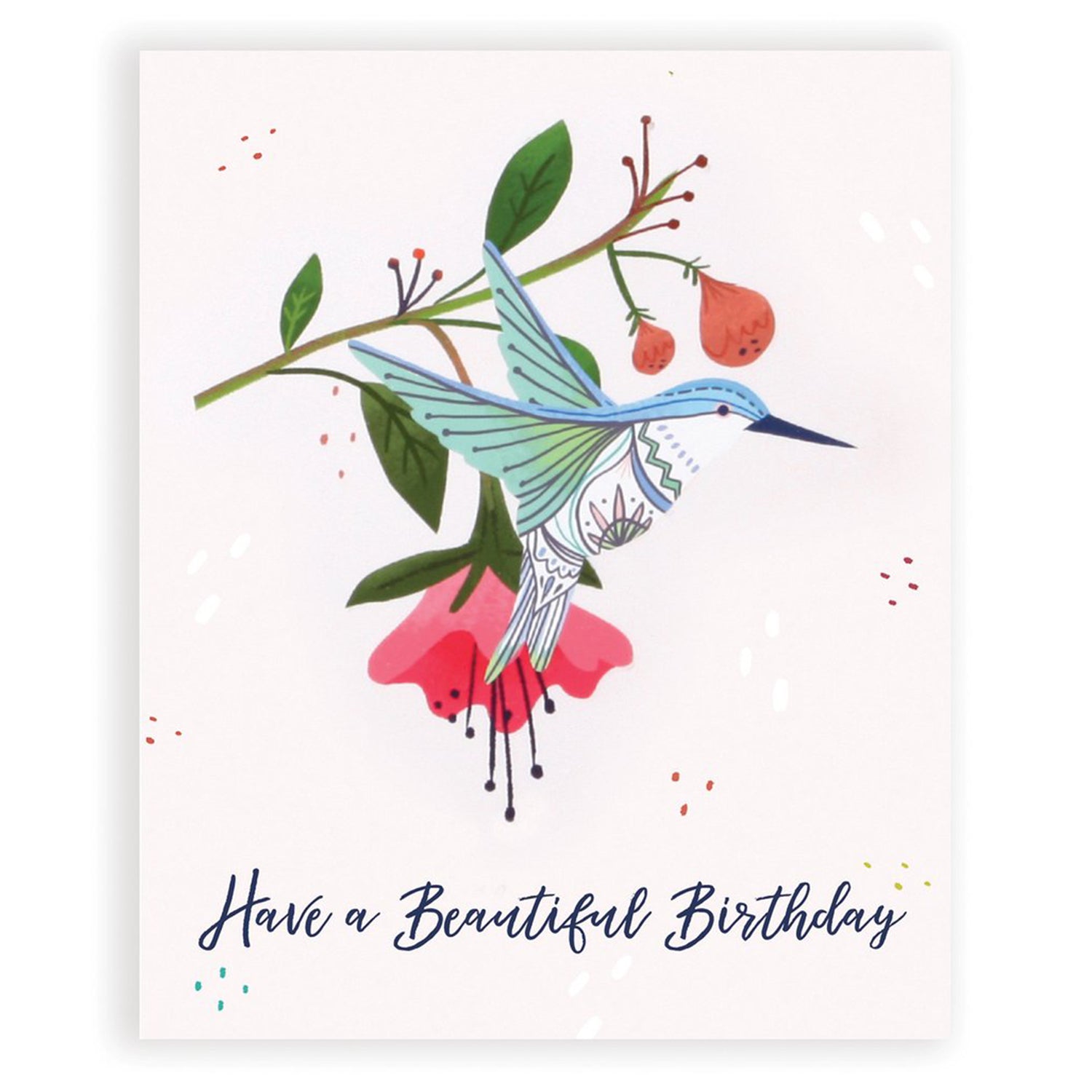 Greeting card with a colorful hummingbird illustration and 'Have a Beautiful Birthday' text.