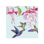 Colorful illustration of hummingbirds and pink flowers on a light blue background