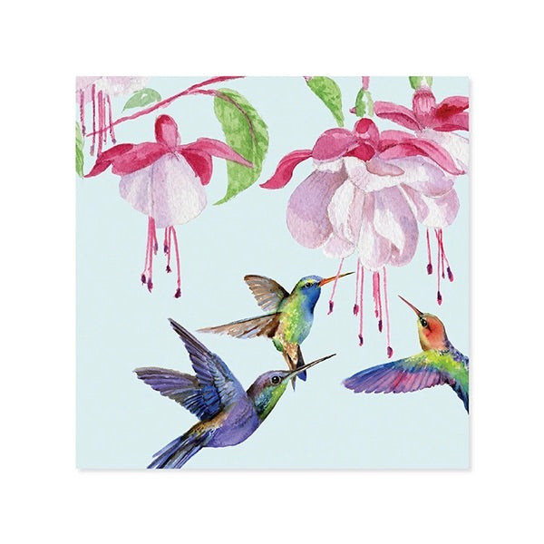 Colorful illustration of hummingbirds and pink flowers on a light blue background