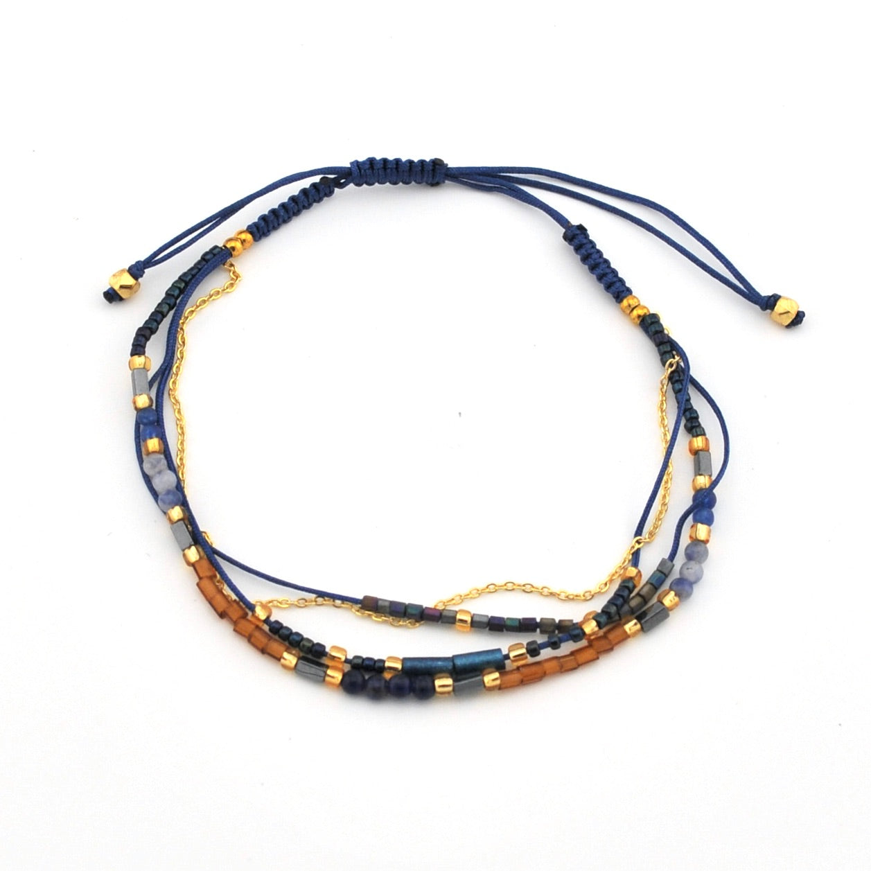 Indigo Multi Strand Beaded Sliding Knot Bracelet