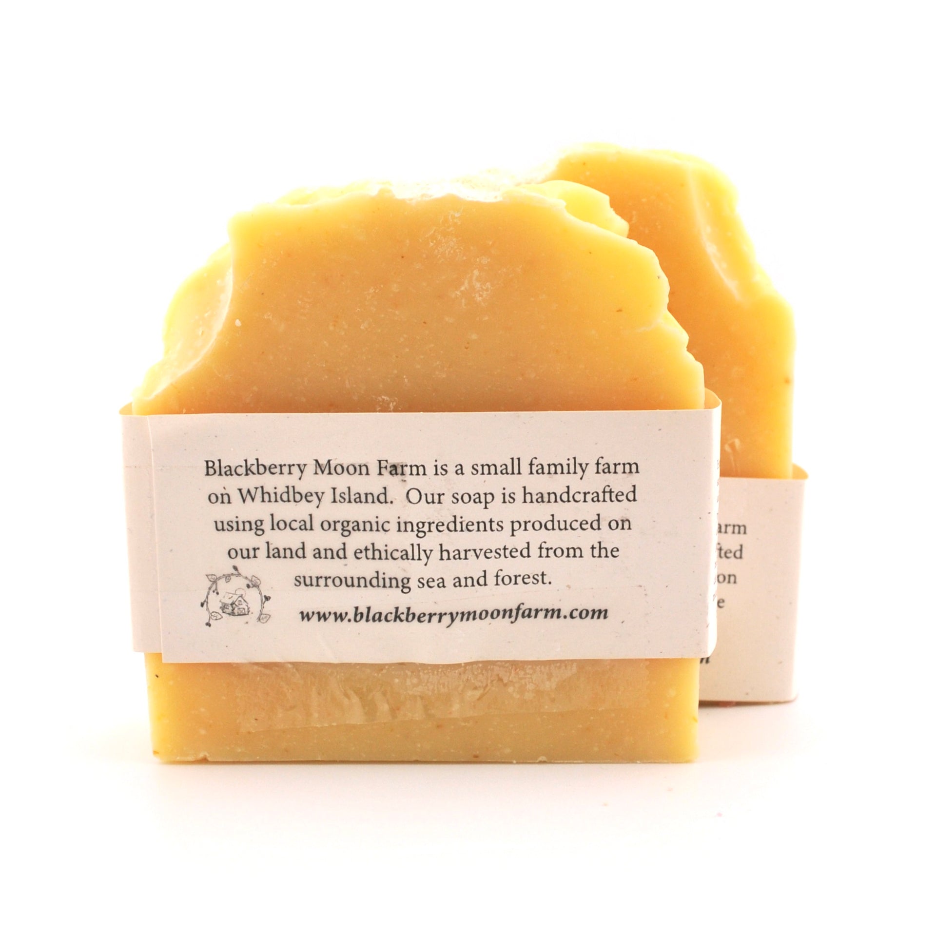Two bars of yellow soap with a label on a white background