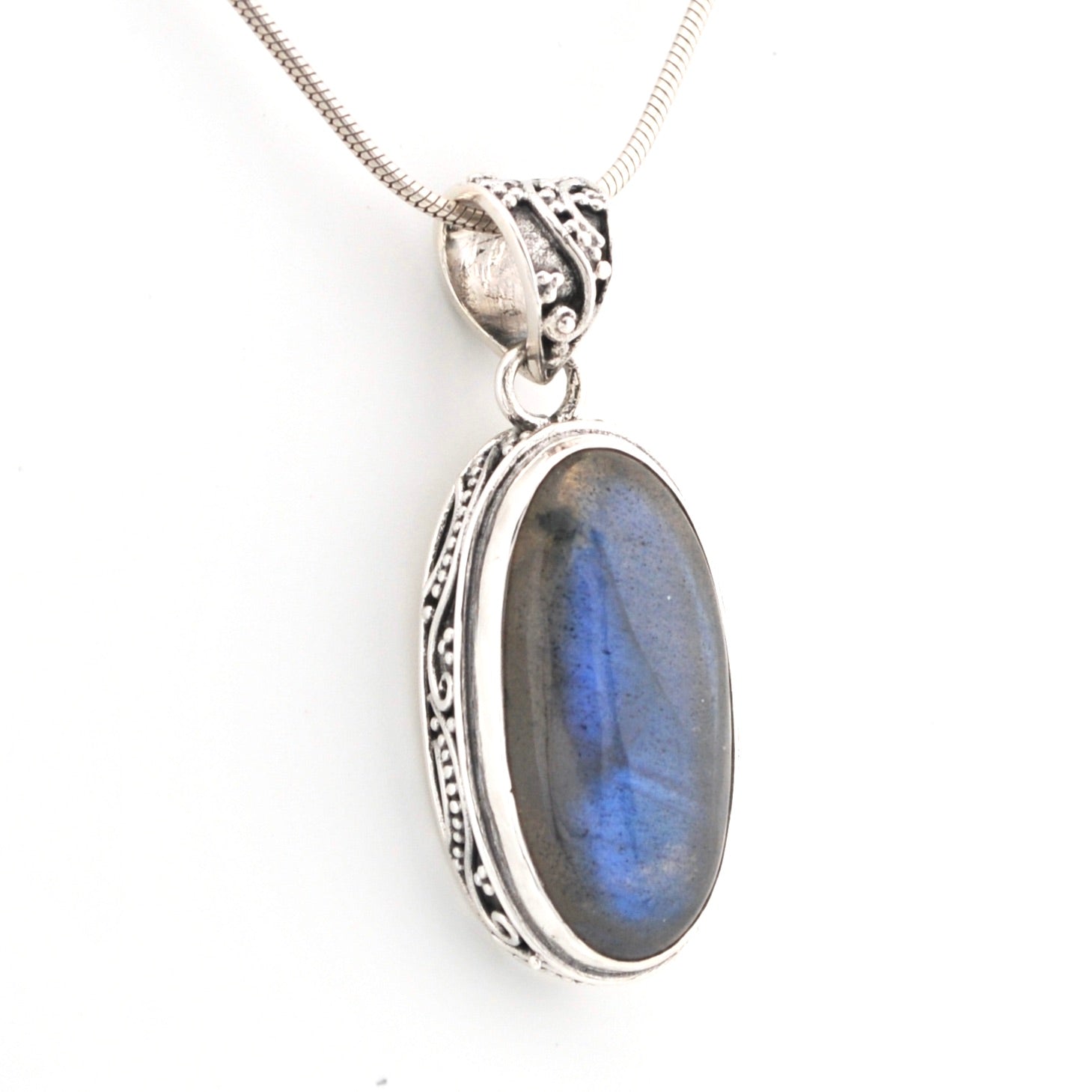 Labradorite 12x24mm Oval Bali Pendant with Chain