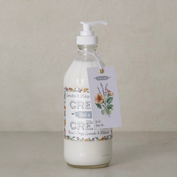 Bottle of Dot & Co. lotion with a floral label on a neutral background