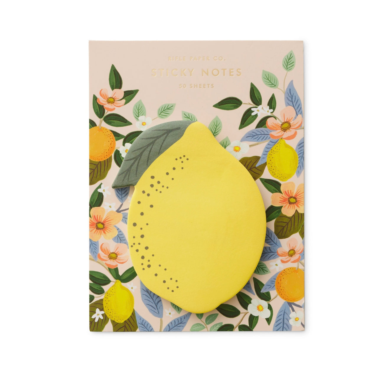 Sticky note pad with lemon design on a floral background