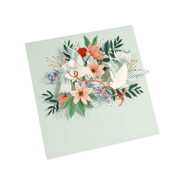 Greeting card with 3D birds and flowers on a white background