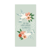 Card with doves and flowers on a light green background