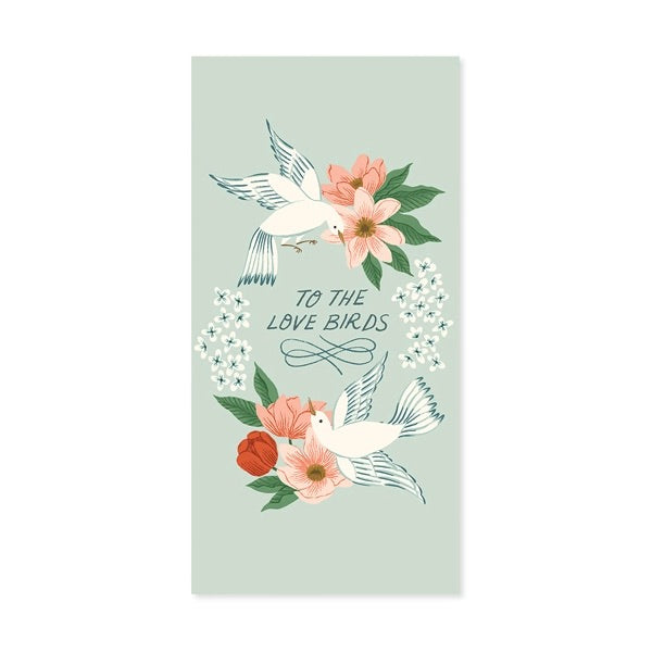 Card with doves and flowers on a light green background