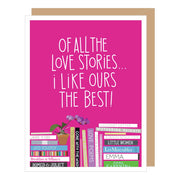 Card with pink background and book illustrations, featuring a quote about love stories.