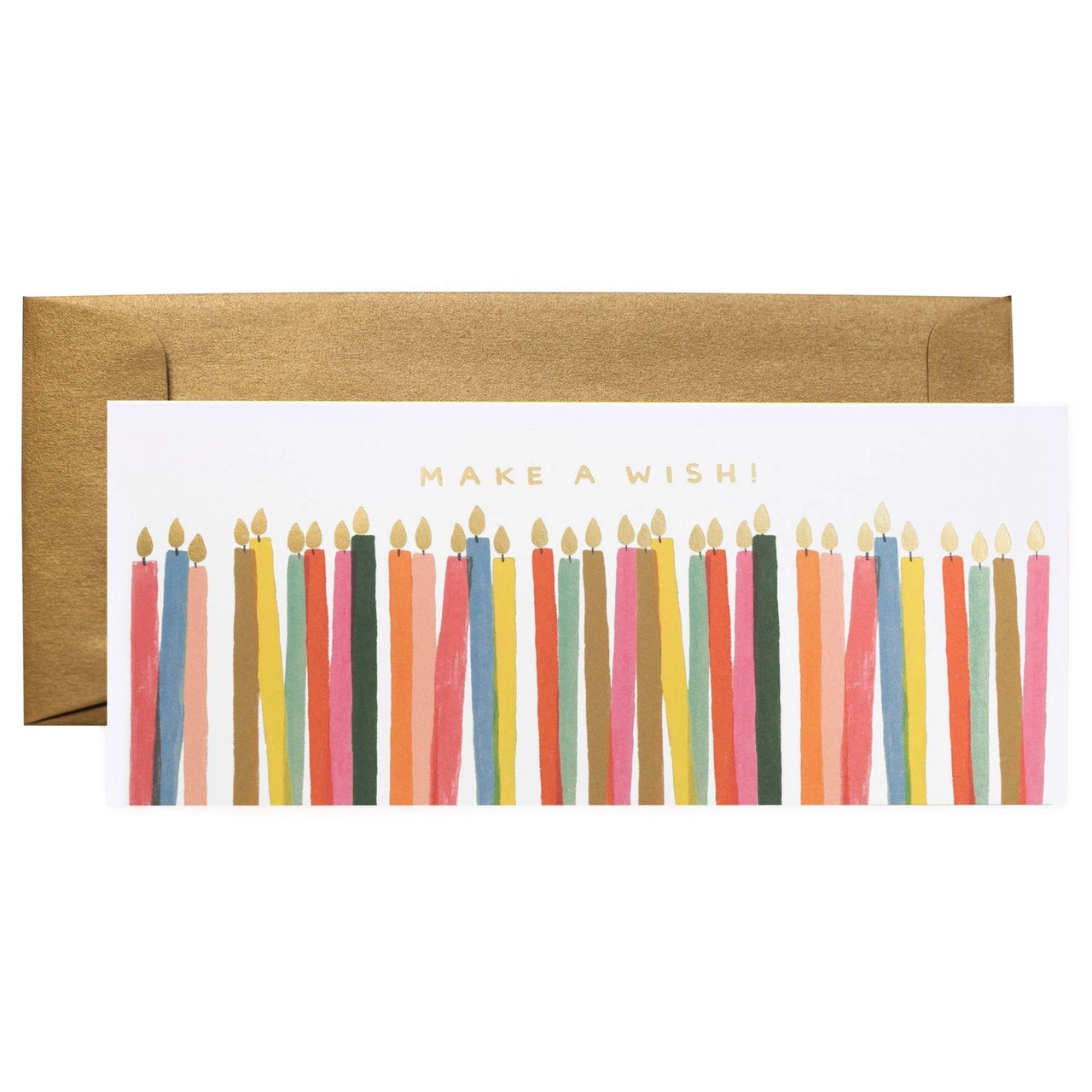 Greeting card with colorful candles design and 'Make a Wish!' text, brown envelope.