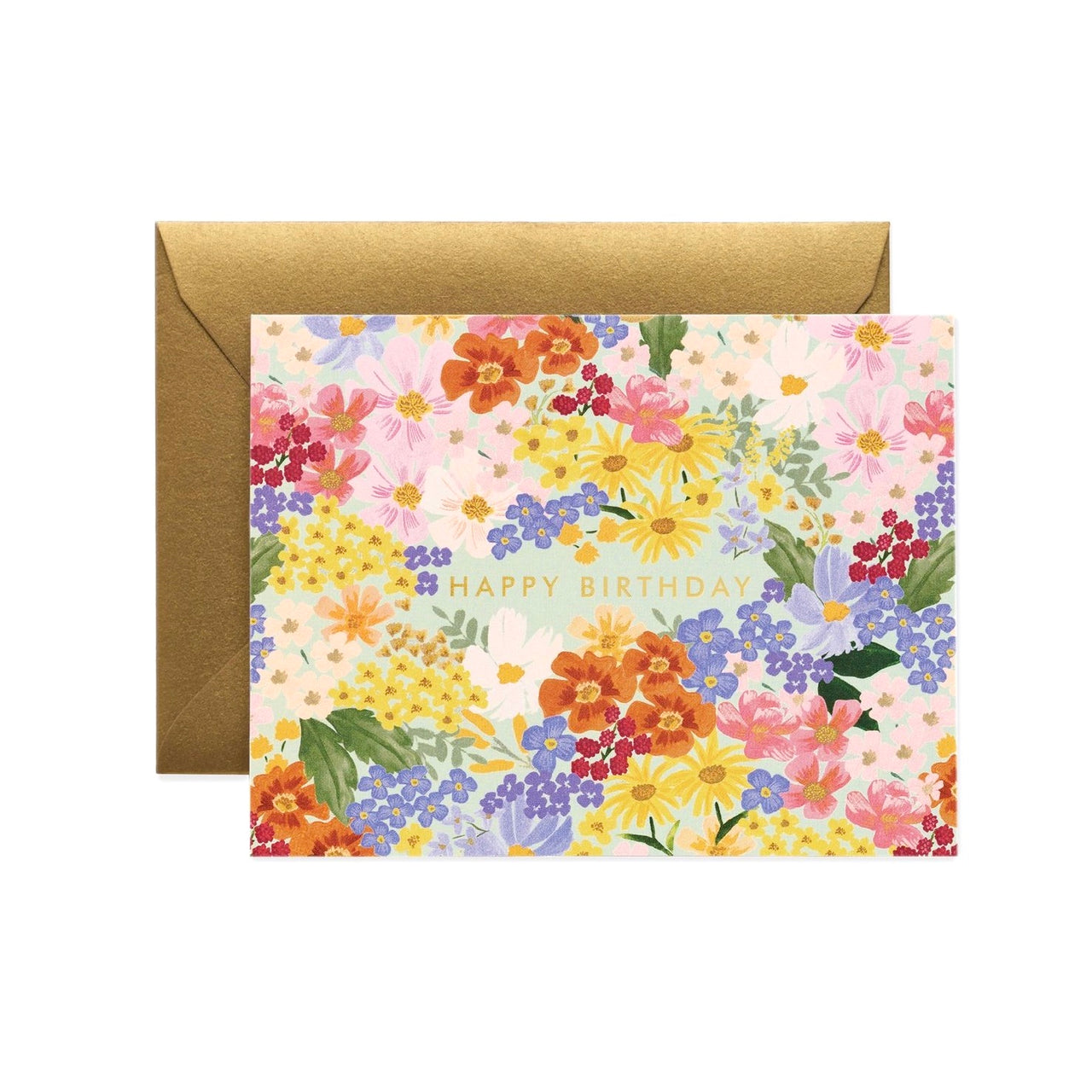 Floral birthday card with a gold envelope on a white background