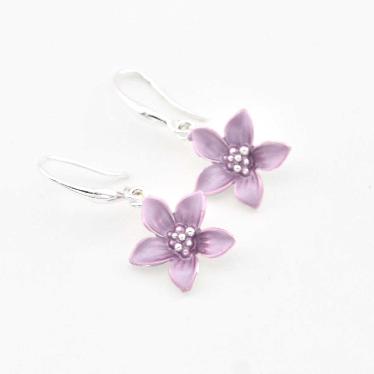 Mauve Five Petal Flower Dangle Earrings