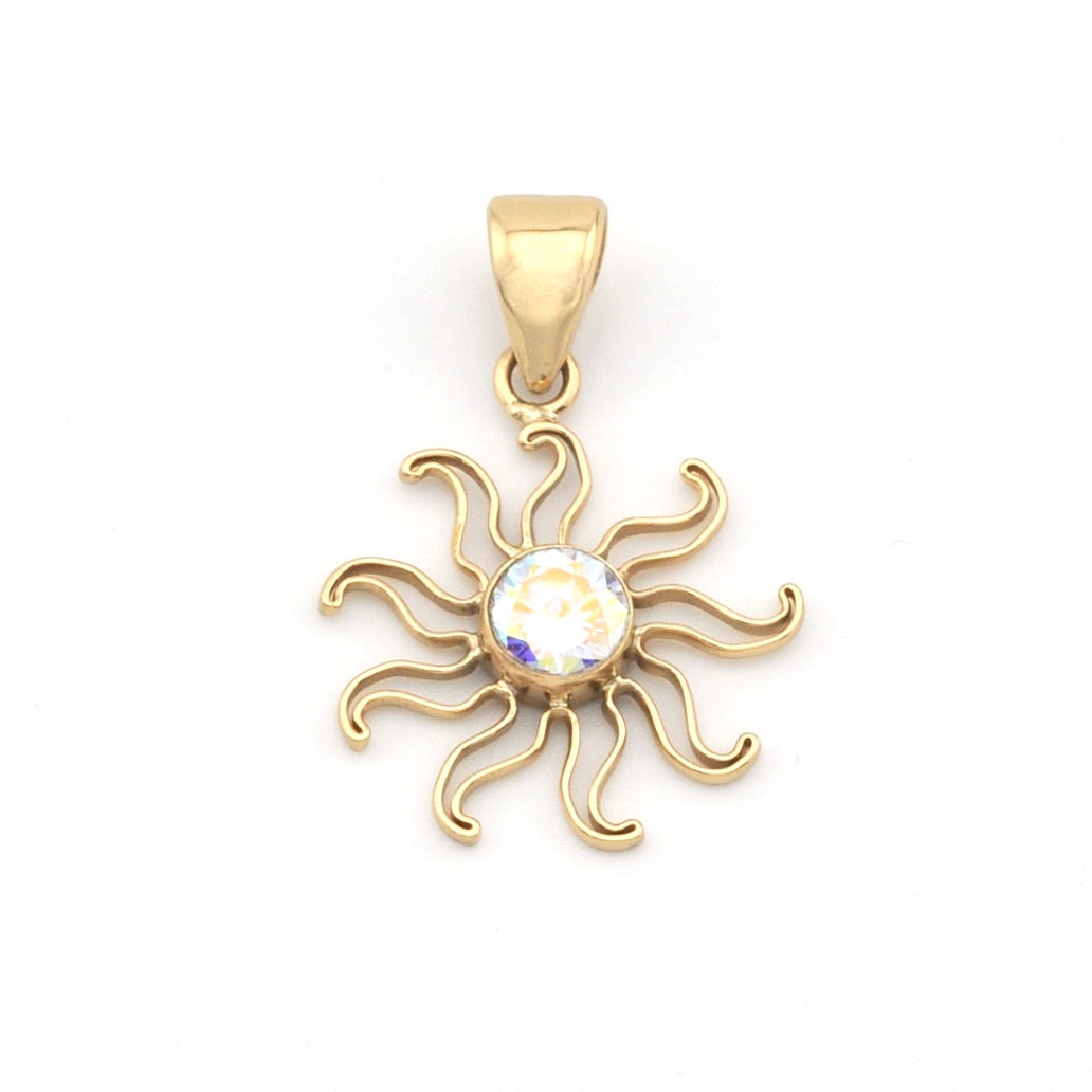 Gold sun-shaped pendant with a central gemstone on a white background