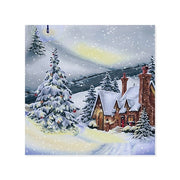 A square art print or card featuring a snowy winter village scene with snow-covered evergreen trees, a small brown cottage with glowing windows, and falling snow under a pale sky.