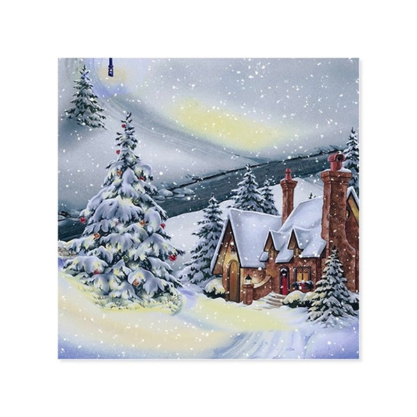 A square art print or card featuring a snowy winter village scene with snow-covered evergreen trees, a small brown cottage with glowing windows, and falling snow under a pale sky.