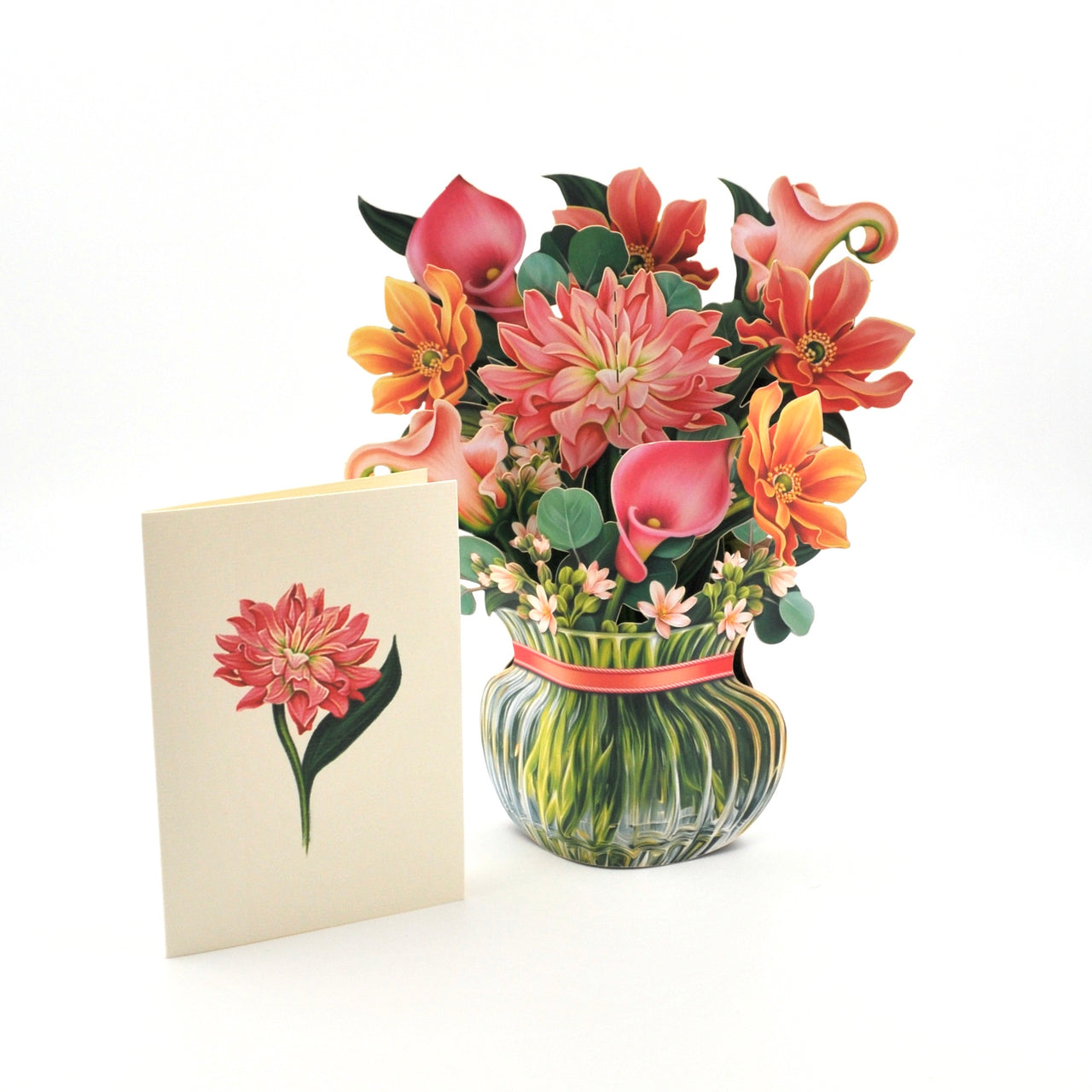 Vase of flowers with a matching card on a white background