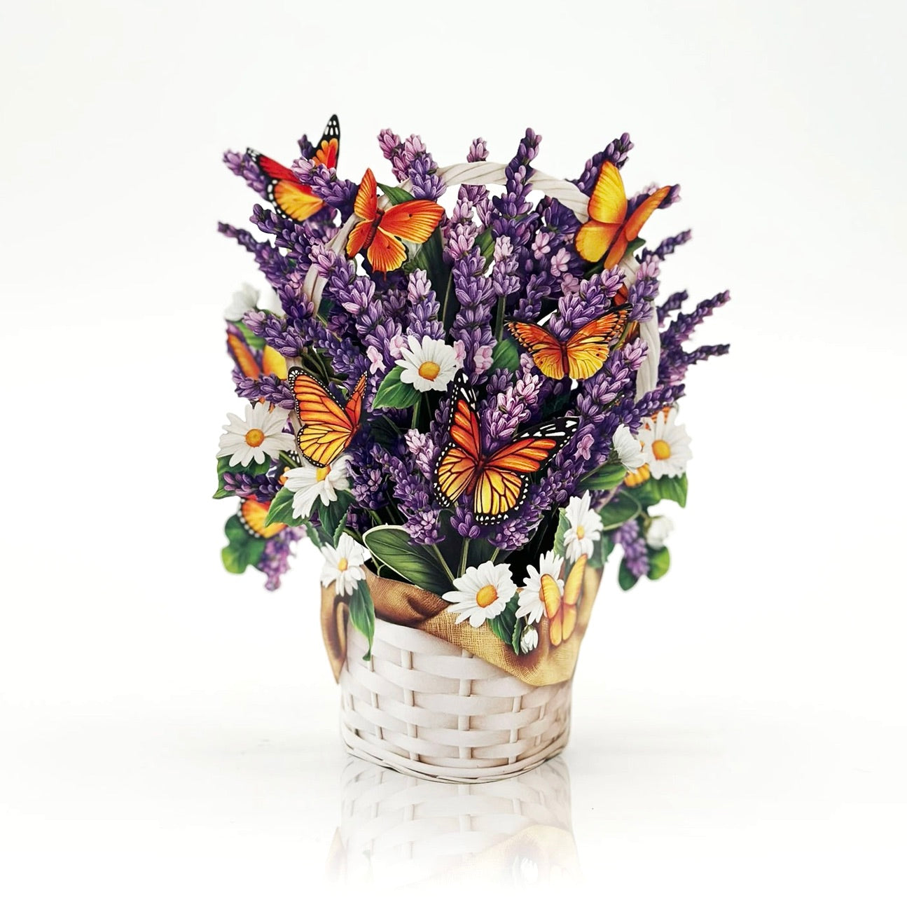 Basket of flowers with butterflies on a white background