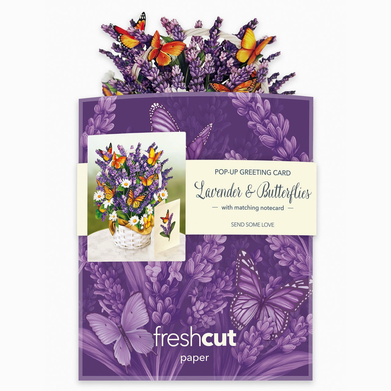 Pop-up greeting card with lavender and butterflies design on a purple background, featuring 'freshcut paper' branding.