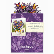 Pop-up greeting card with lavender and butterflies design on a purple background, featuring 'freshcut paper' branding.