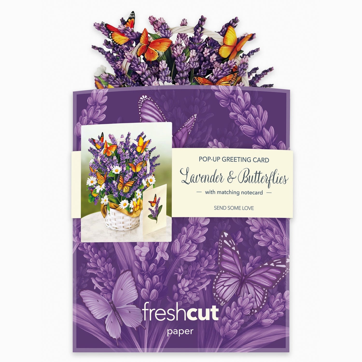 Pop-up greeting card with lavender and butterflies design on a purple background, featuring 'freshcut paper' branding.