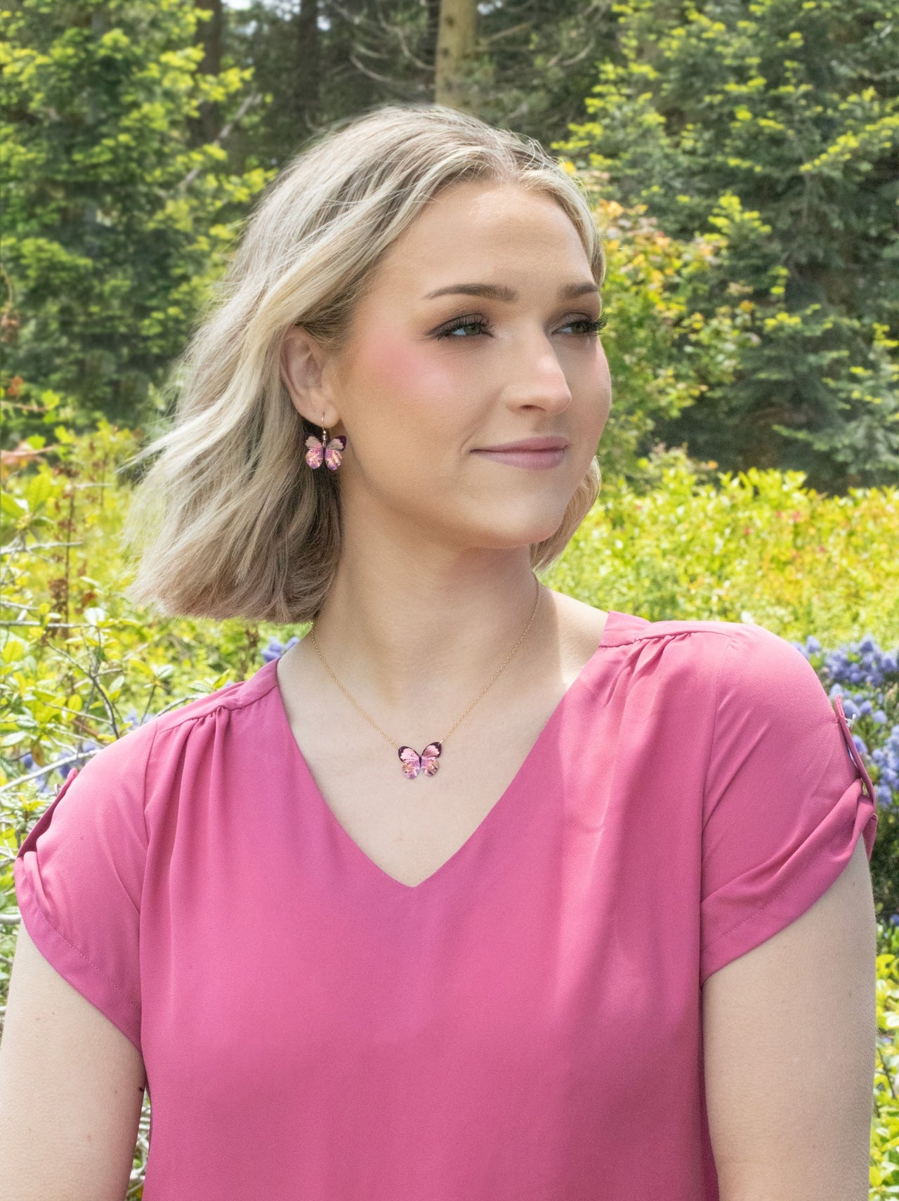 Model View Blooming Pink Butterfly Necklace