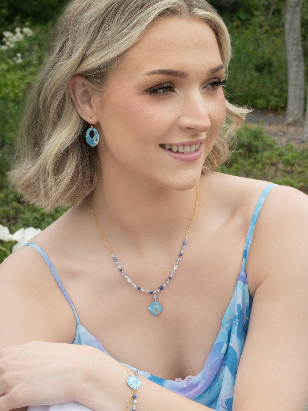 Model View Sky Blue Elena Beaded Necklace