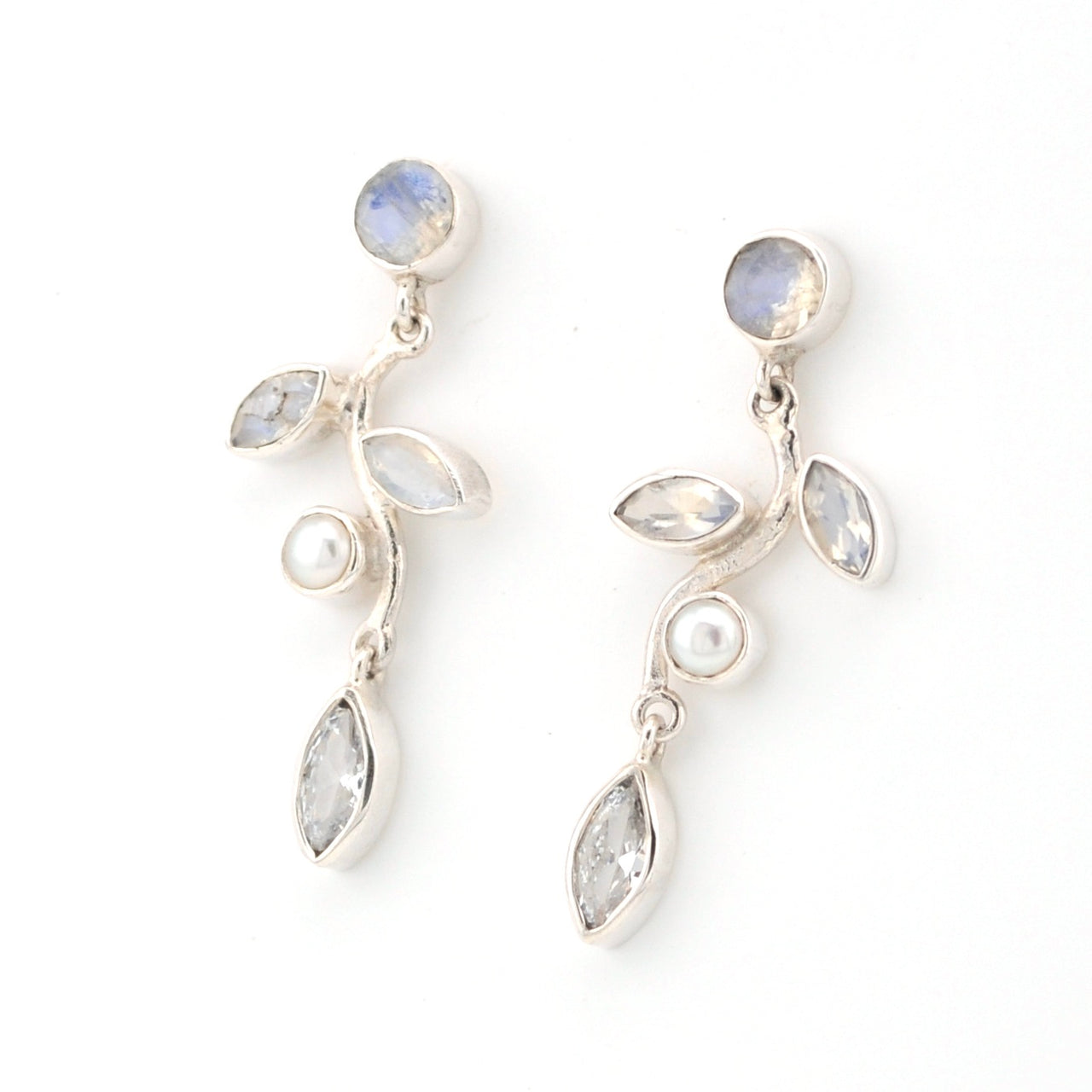 Moonstone Pearl White Topaz Branch Earrings