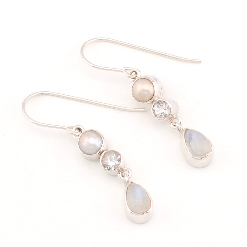 Moonstone White Topaz Pearl Dangle Earrings