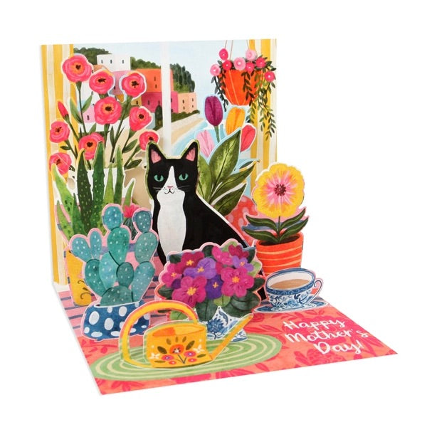 Colorful Mother's Day card with a cat, flowers, and plants