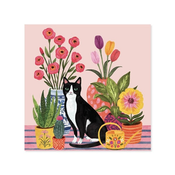 Cat surrounded by flowers and plants on a pink background