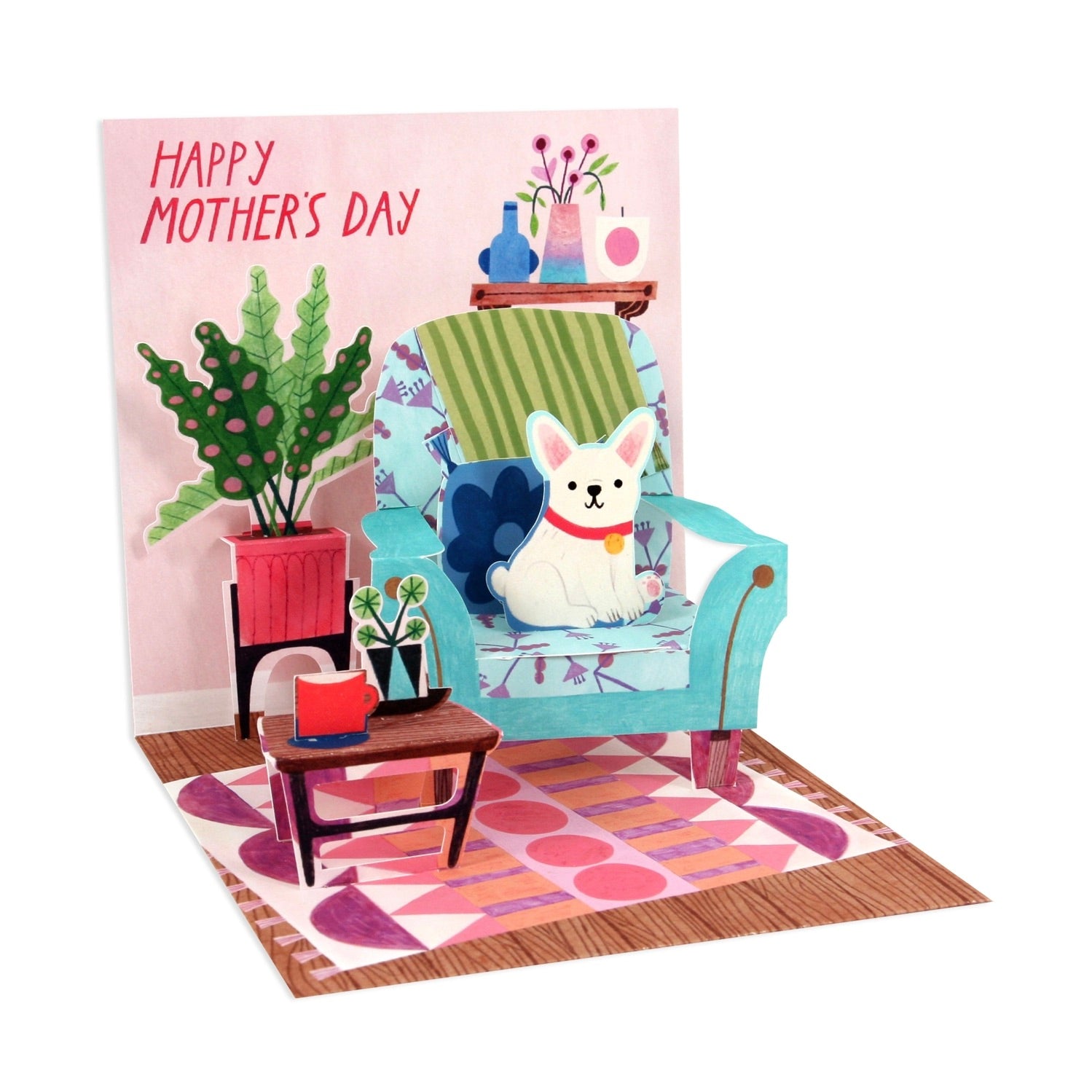 Mother's Day card with a dog on a chair, plants, and a pink background.