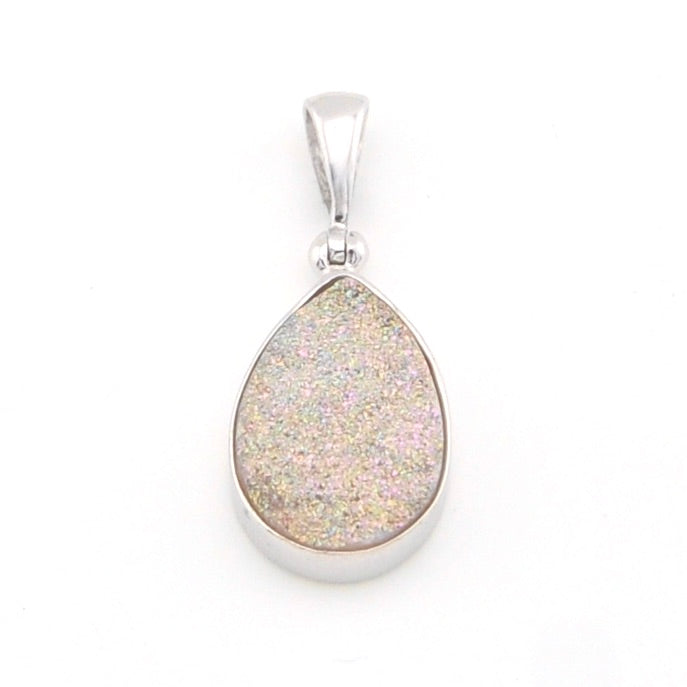 Teardrop-shaped pendant with a textured surface on a white background