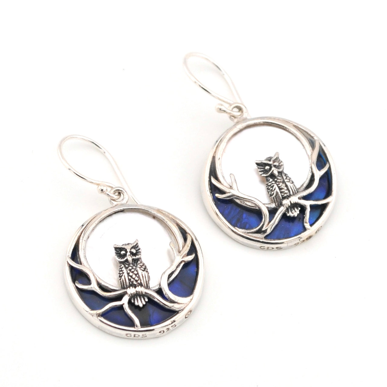 Silver earrings with owl design on a white background