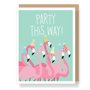 Card with pink flamingos wearing party hats and 'Party This Way!' text on a light green background.